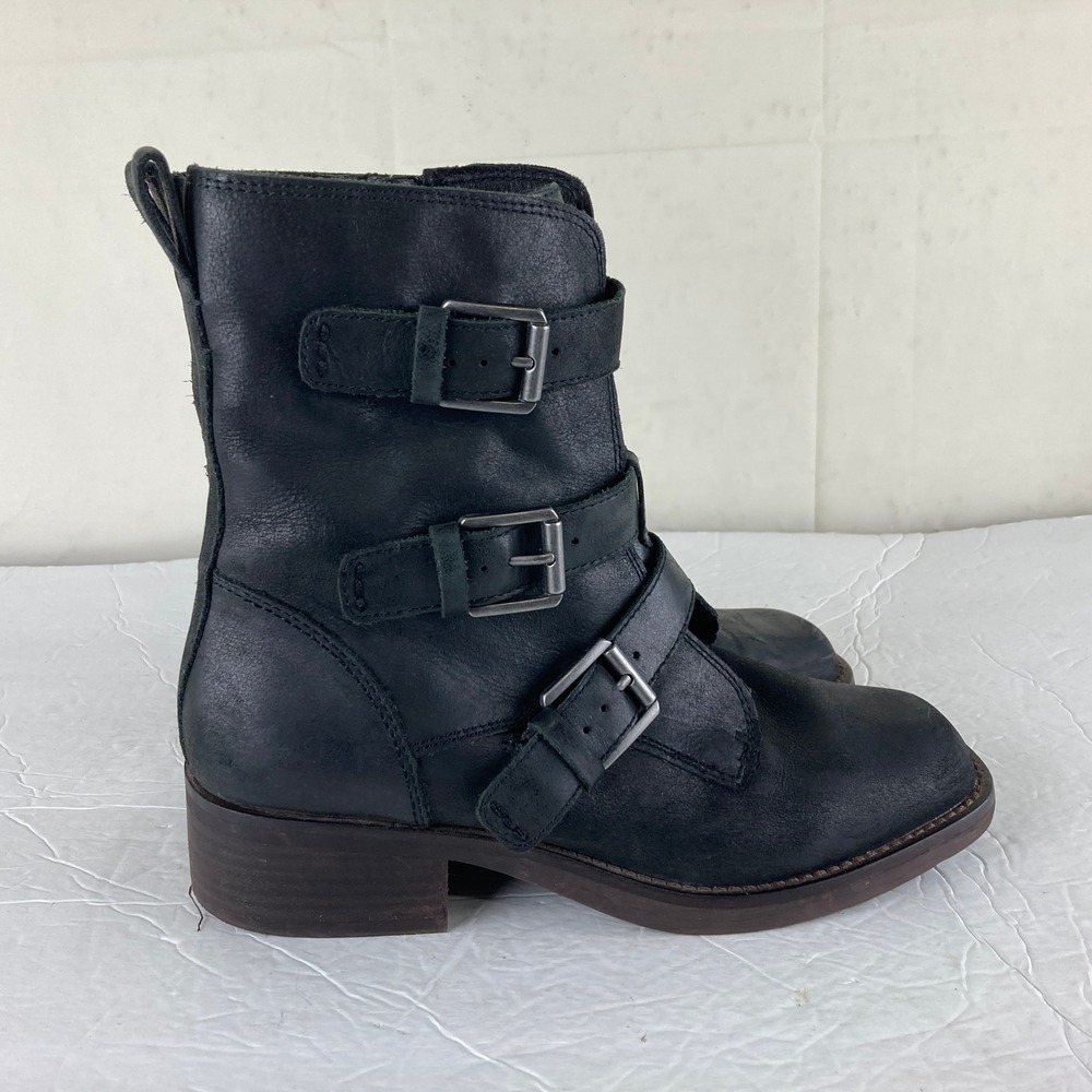 Lucky Brand Moto Boots 8 Black Leather Buckle Side Zip Motorcycle Biker Grunge - Picture 6 of 9